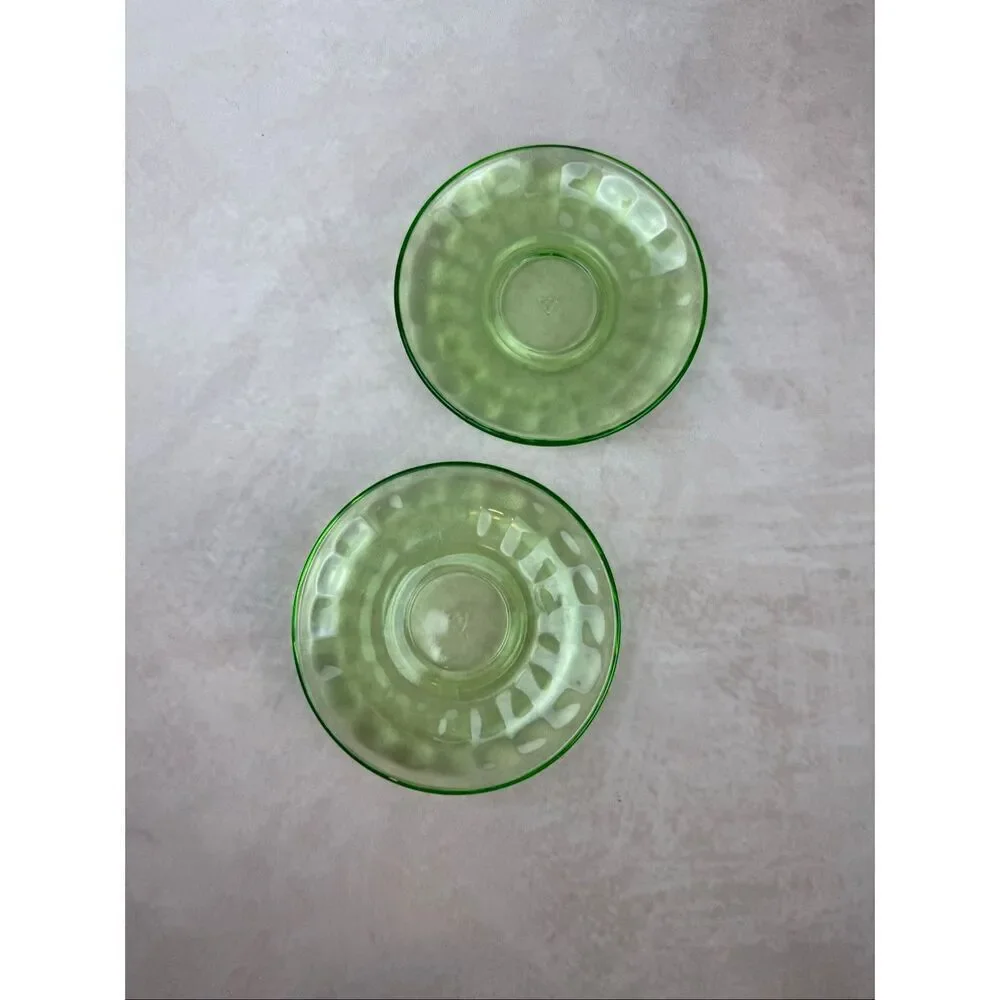 Vintage Federal Green Depression Uranium Glass Saucers Plates 5.5 Inch Set of 2